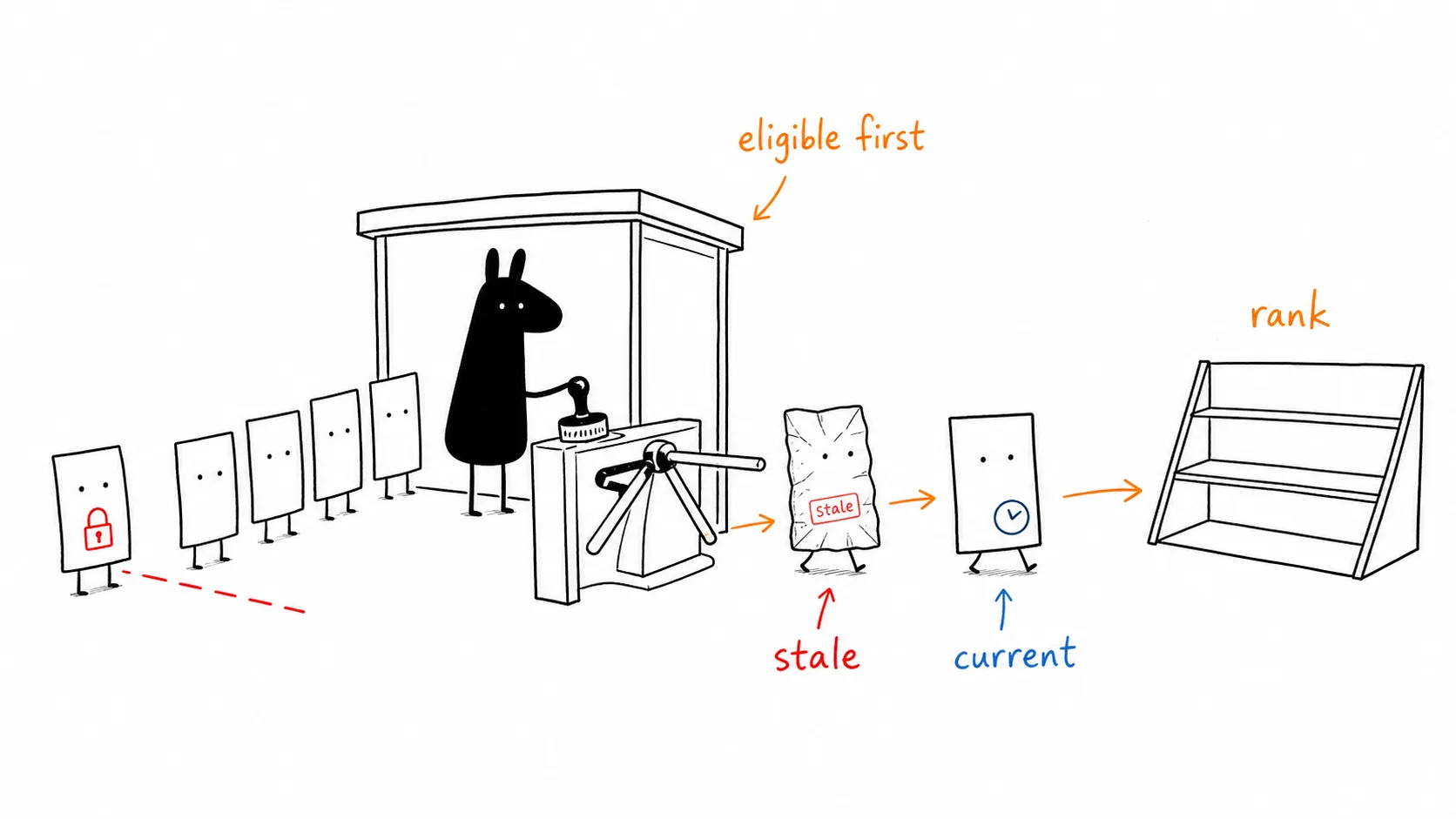 Black llama-head blob guards a hard eligibility turnstile before stale and current source cards reach a RAG ranking shelf.
