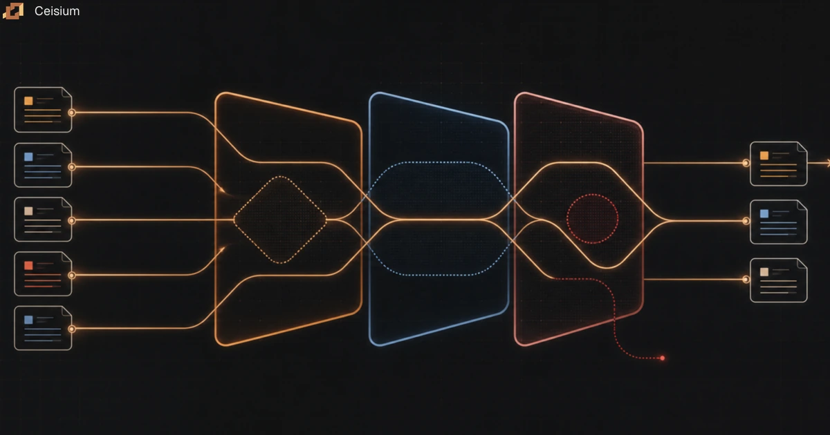 Five documentation cards pass through Boolean set paths and become three search candidates.