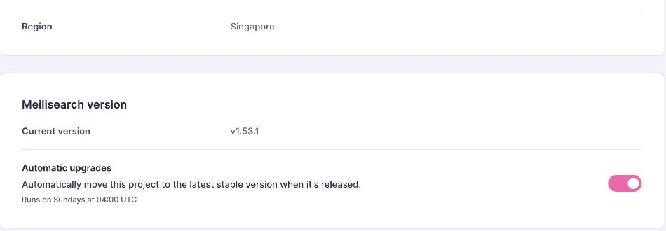 Meilisearch Cloud settings showing Singapore and version 1.53.1.
