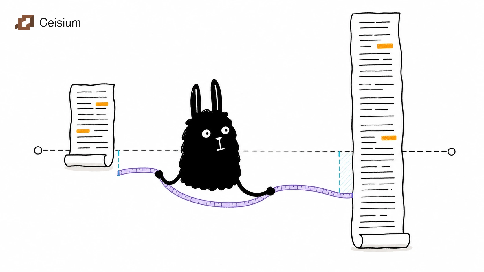 Black llama-head blob measures a short document and a long document with the same two query matches against one average-length line.