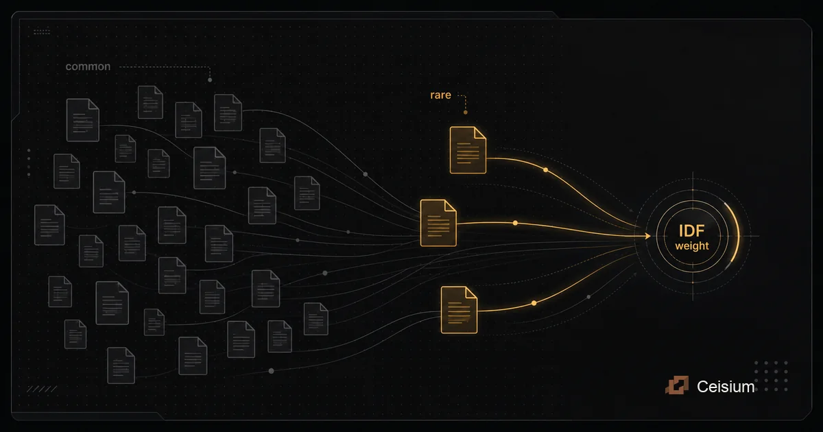 Rare query terms separating a small set of documents from common matches in an IDF ranking diagram.