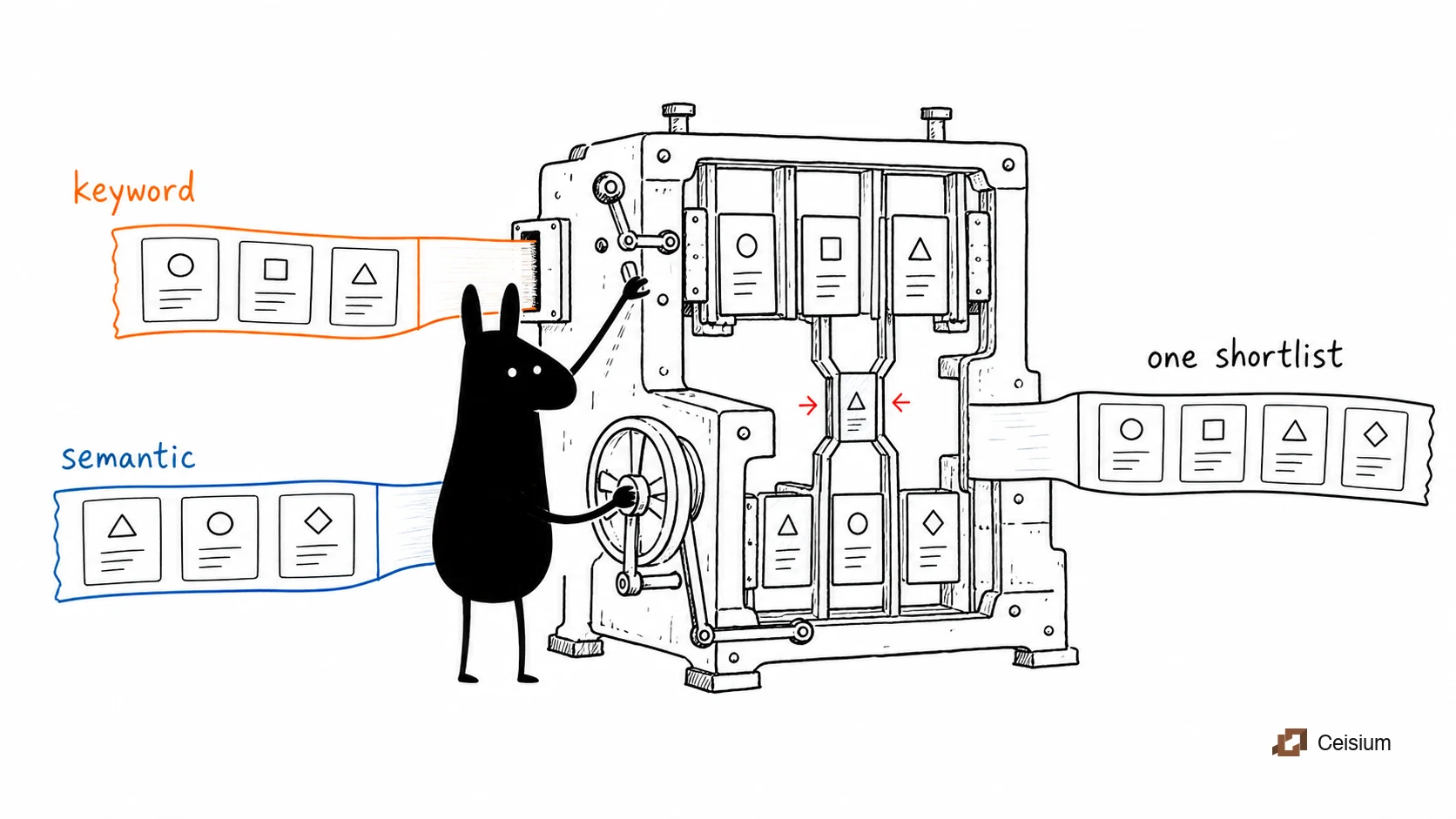 Black llama-head blob joins two ranked result strips into one combined shortlist.