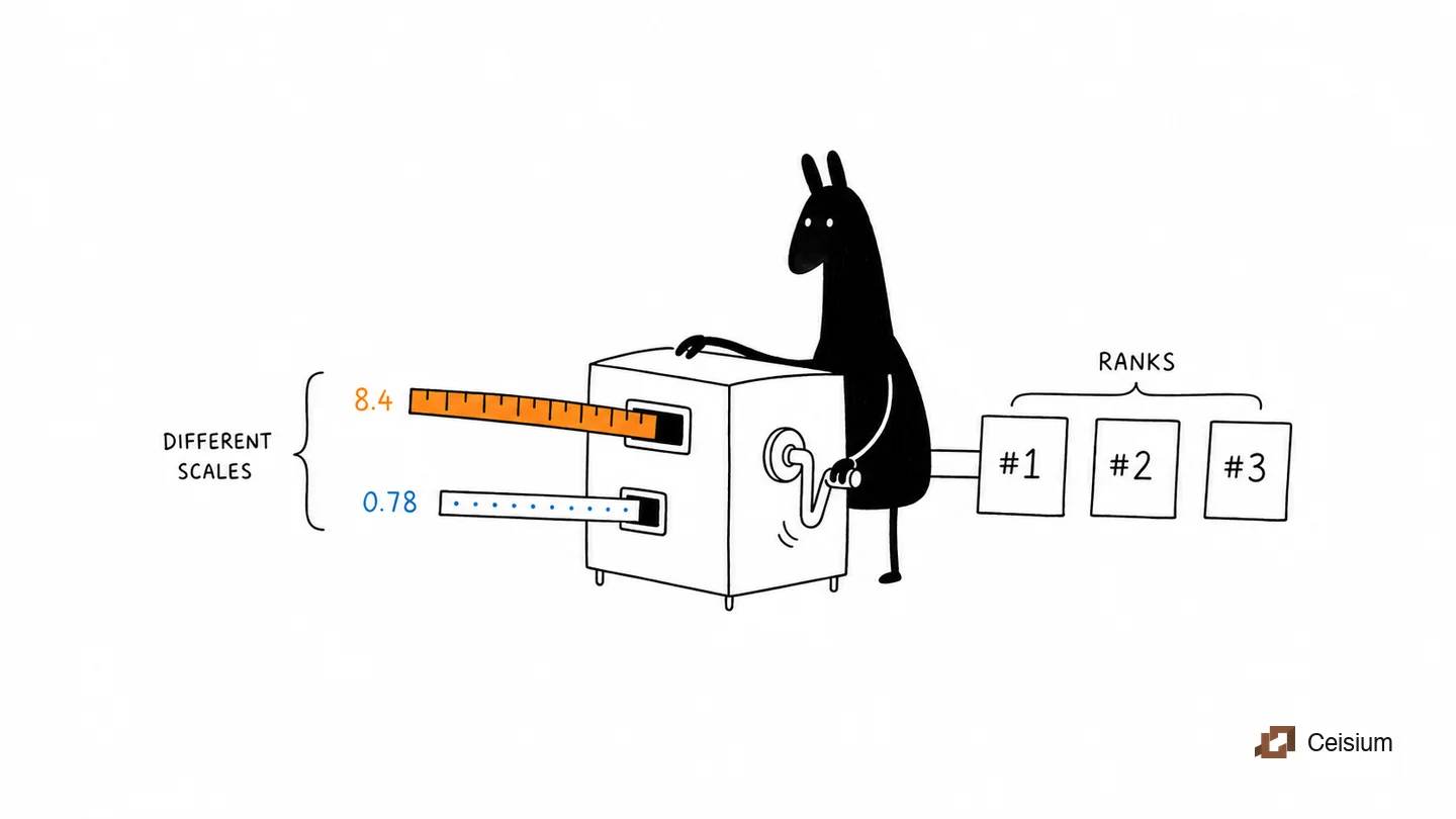A llama-head character converts different lexical and vector scores into rank positions.