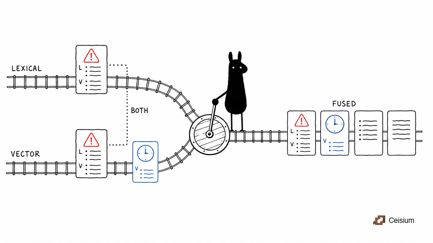 A llama-head character joins lexical and vector result paths into one fused queue.