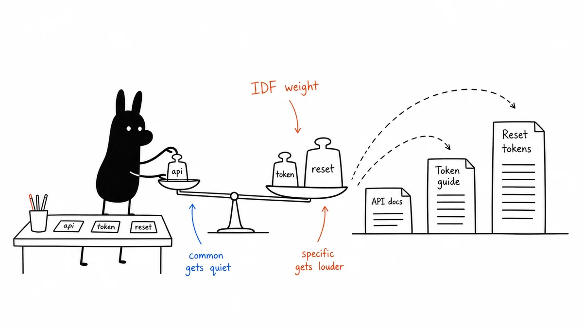 Black llama-head blob placing api, token, and reset weights on an IDF scale.