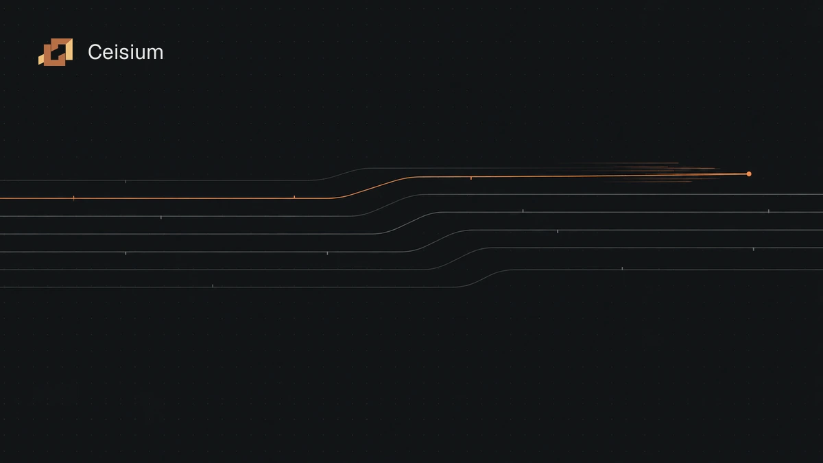 A copper motion line leads thin gray parallel paths across a dark dotted grid, with the Ceisium logo and name in the top-left corner.