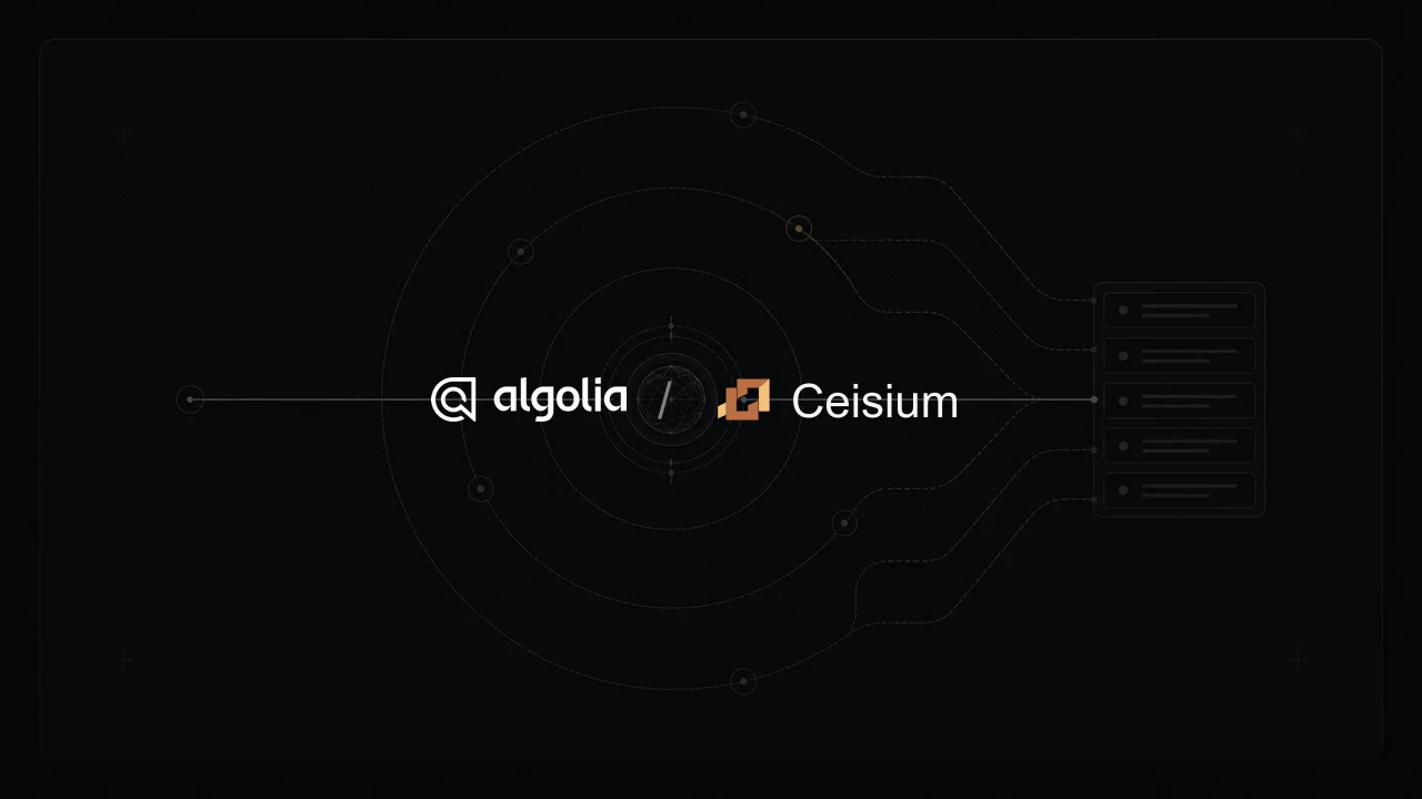 Algolia and Ceisium Search logos over a dark search-routing diagram.