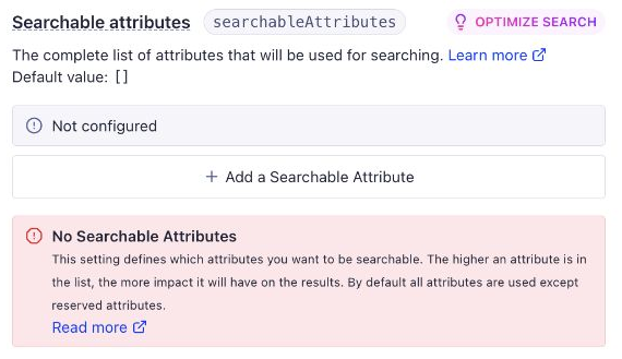 Algolia searchable attributes set to Not configured, with the dashboard explanation of default matching.