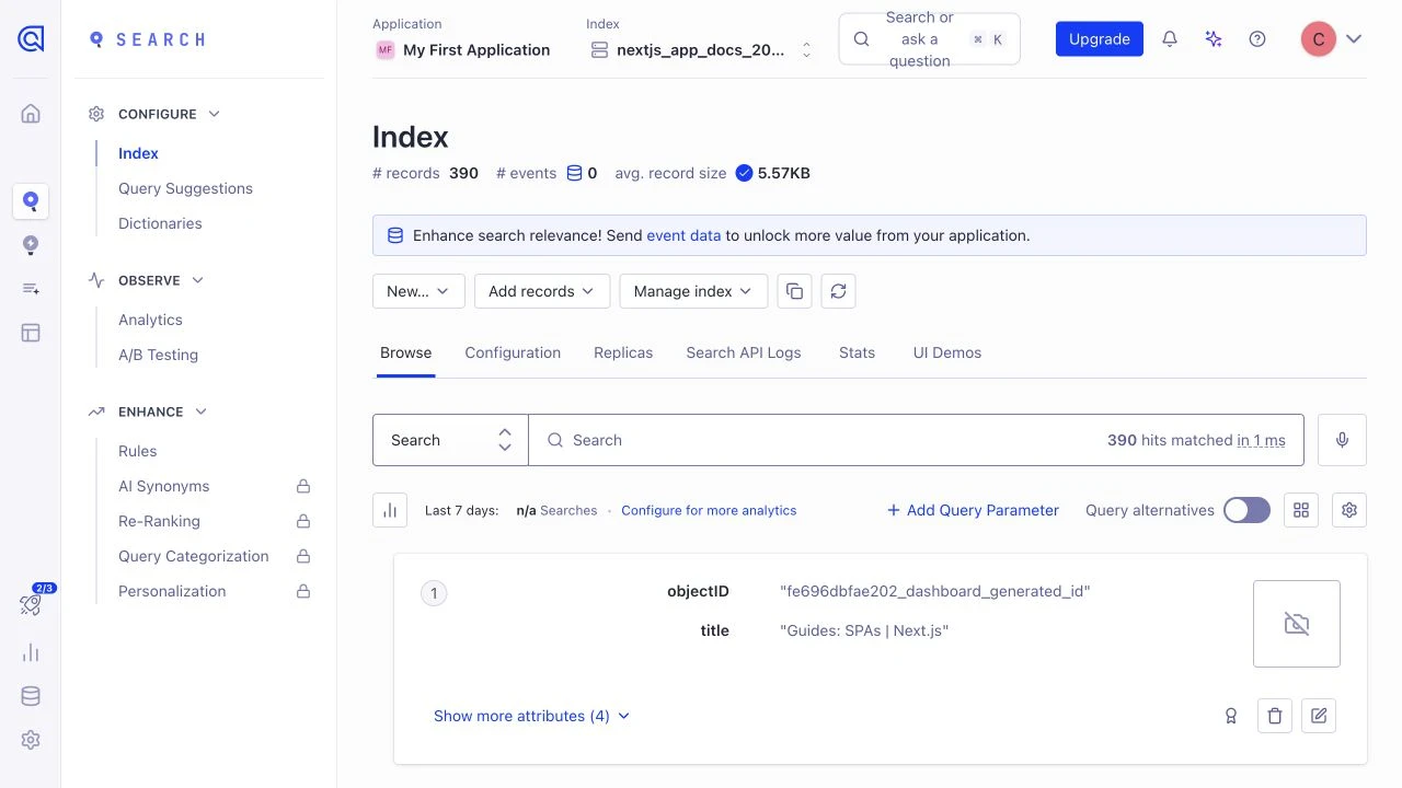 Algolia showing 390 indexed records after the Next.js import.
