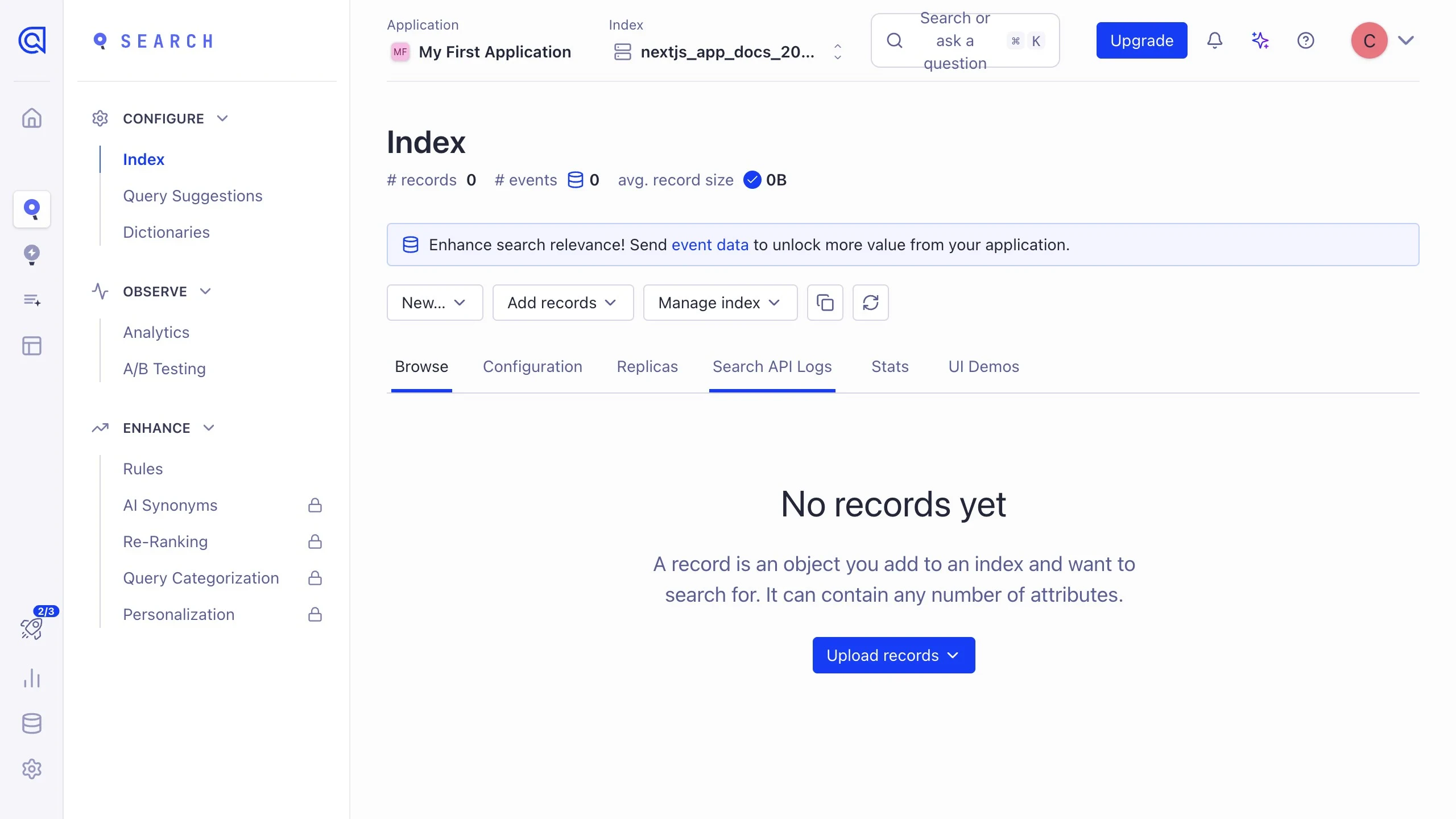 An empty Algolia index with the Upload records button.