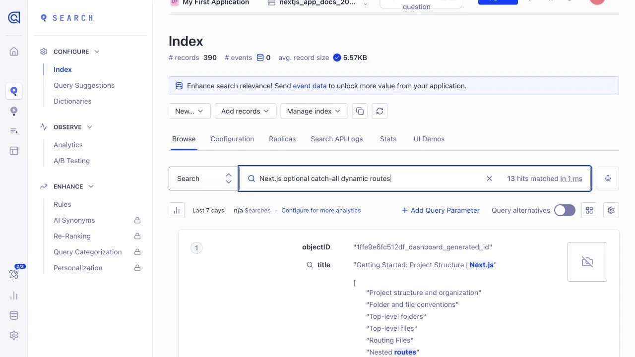 Algolia dashboard results for Next.js optional catch-all dynamic routes.