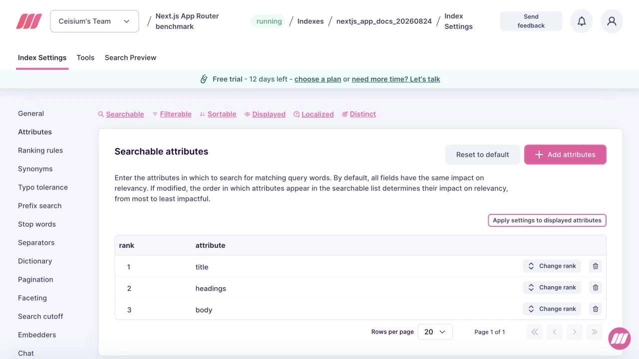 Meilisearch settings with title, headings, and body selected as searchable fields.