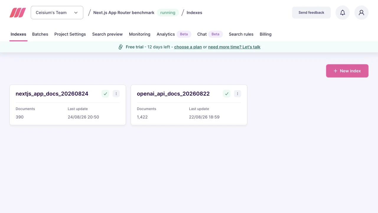 Meilisearch index with all 390 prepared Next.js records imported.
