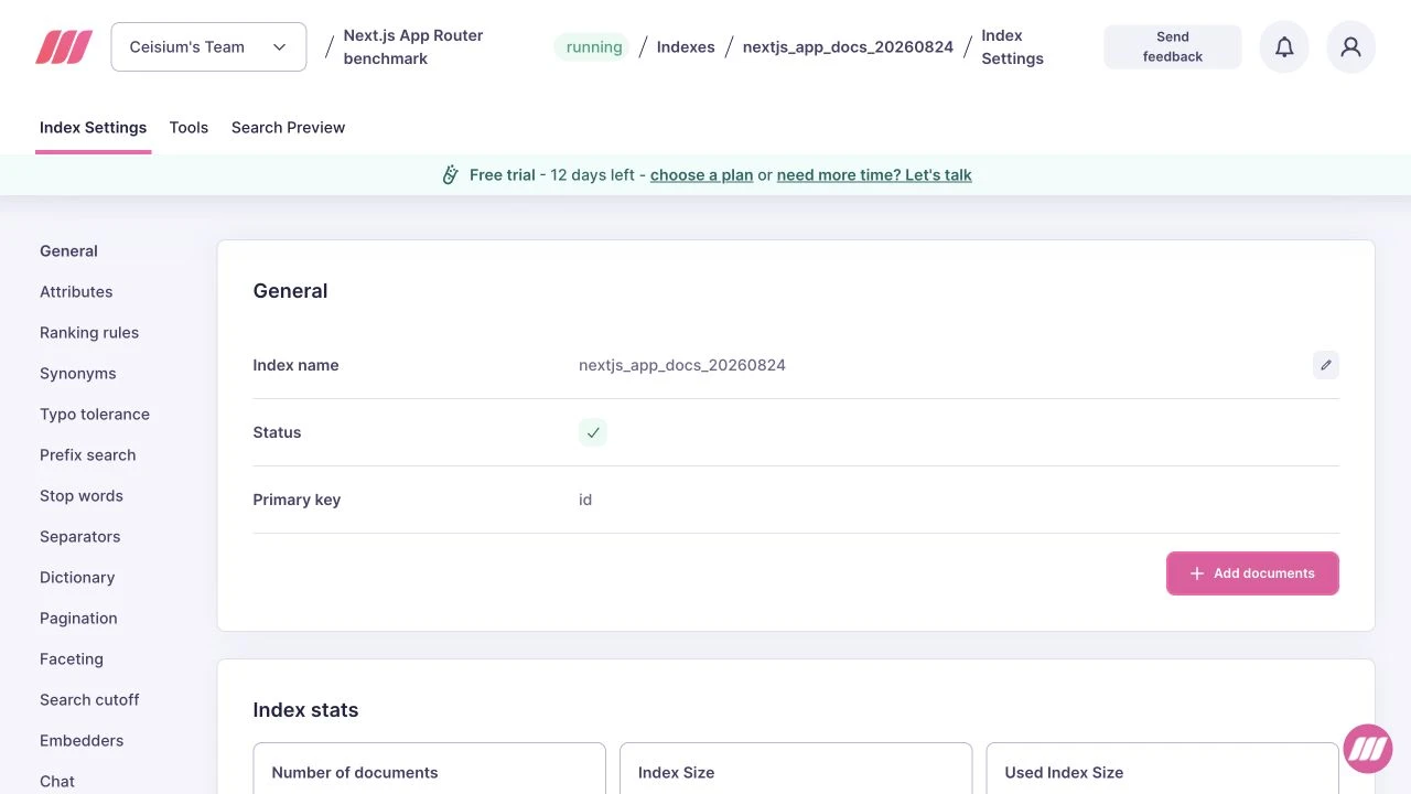 Meilisearch index setup for the Next.js App Router documents.
