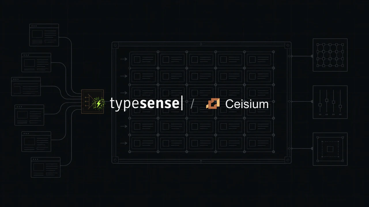 Typesense and Ceisium Search logos over a dark indexing diagram.
