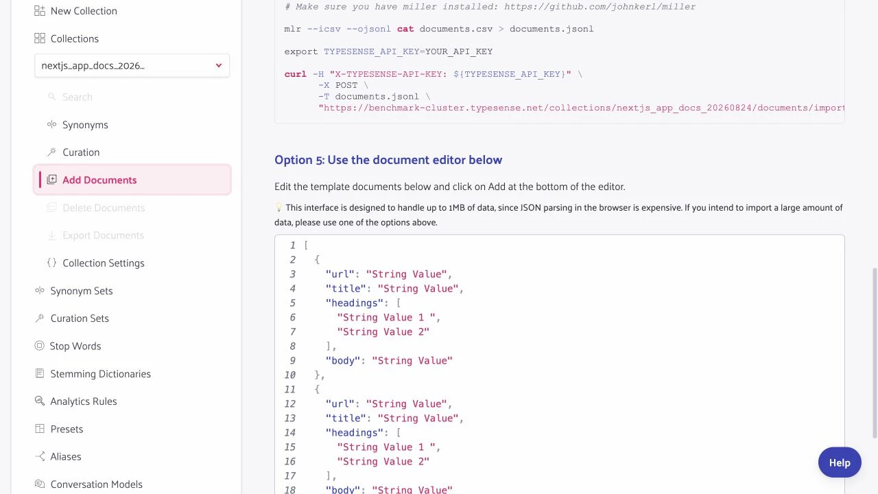Typesense Cloud browser editor showing a one-megabyte limit and command-line import options.