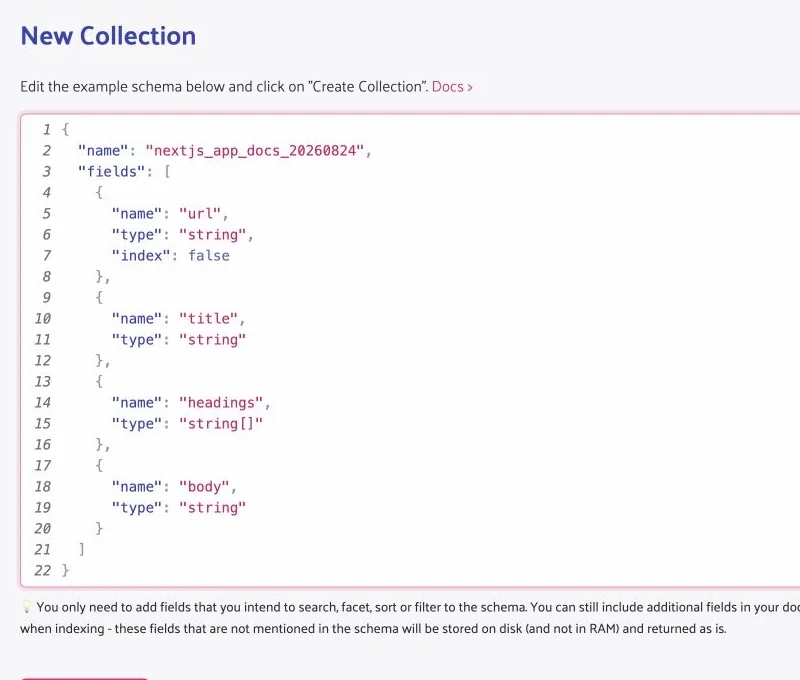 Typesense collection schema showing the title, headings, and body fields.