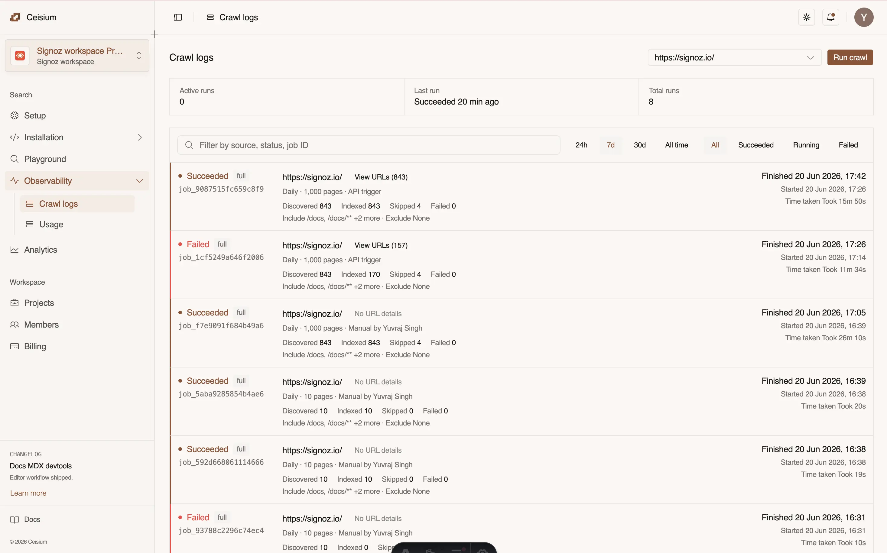 Ceisium Crawl logs page showing source selection, run filters, crawl statuses, page counts, and recent SigNoz crawl jobs.
